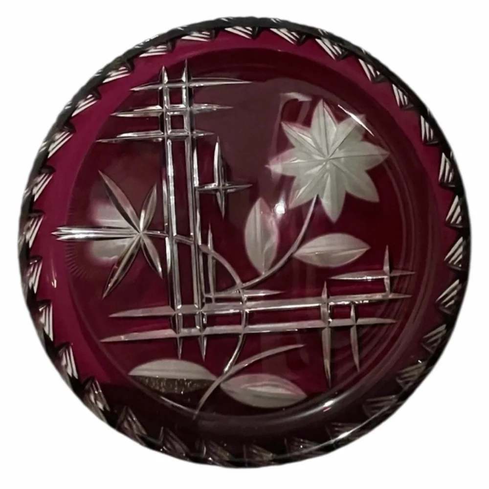 Bohemian Czech Ruby Cut to Clear Crystal Bowl Plate Centerpiece 11